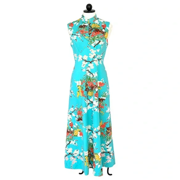 Vintage | Dresses | Vintage 6s 70s Turquoise Asian Style Cherry Blossom Maxi  Dress Sleeveless | Poshmark